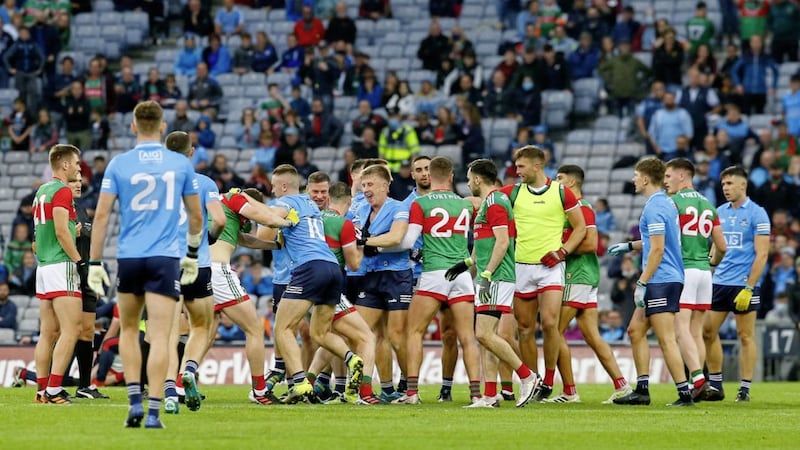 Things turn nasty at the end of full time during the GAA Football All-Ireland Senior Championship Semi Final between Dublin and Mayo at Croke park Dublin on 08-14-2021. Pic Philip Walsh. 
