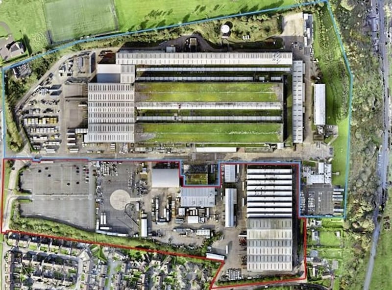 Aerial view of Caterpillar&#39;s Larne site. The area marked in red is to be sold off. 