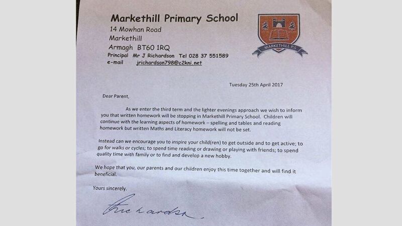 The letter from Markethill PS headmaster Jim Richardson 