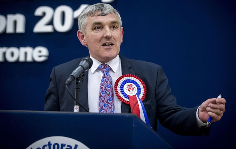Thomas Buchanan of the DUP pictured after the vote has been declared at the Omagh Leisure Complex&nbsp;