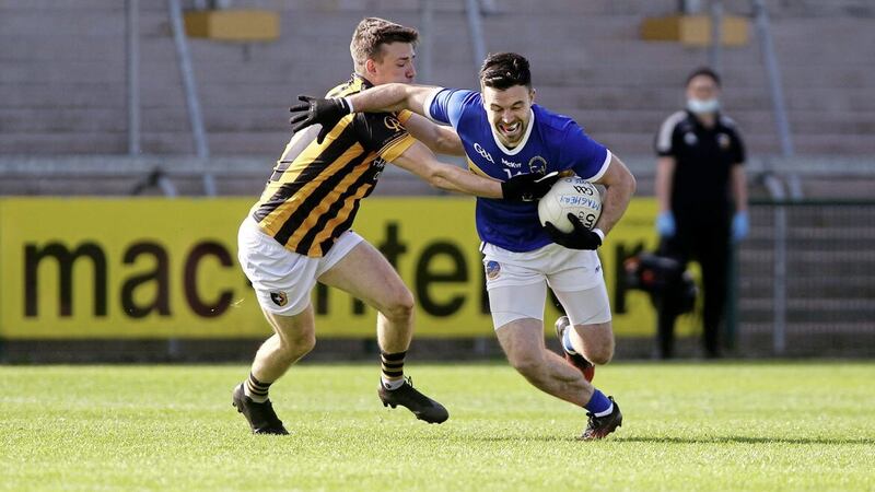 Maghery&#39;s Aidan Forker battles with Crossmaglen&#39;s Paul Hughes in the 2020 Armagh final at the Athletic Grounds. Picture: Seamus Loughran. 