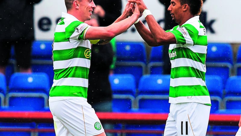 &nbsp;Scott Sinclair celebrates his goal yesterday with Celtic team-mate and skipper Scott Brown. Picture by PA