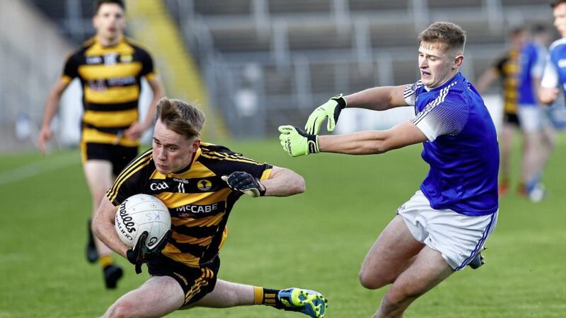 Crosserlough&#39;s Brandon Boylan and Kingscourt Stars&#39; Cathal McKeown in action during the Senior Football Championship Final Replay between Crosserlough and Kingscourt Stars at Breffni Park Cavan. Pic Philip Walsh. 