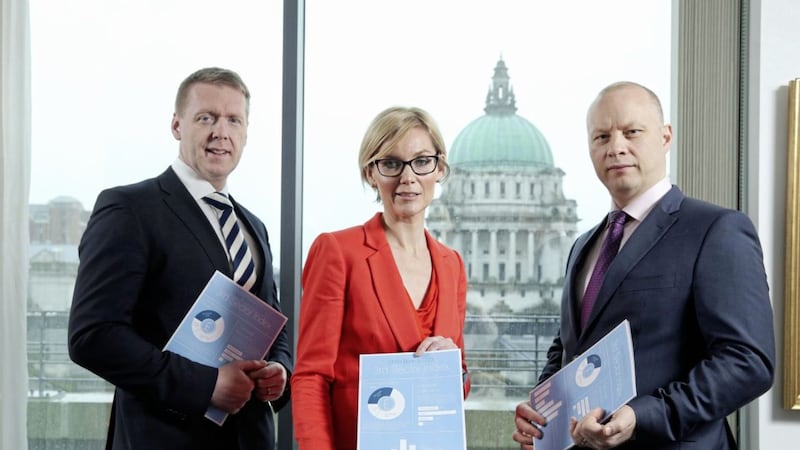 Launching the latest third sector report are CO3 chief executive Nora Smith with Mark Crimmins (left) and Richard Ramsey from Ulster Bank 