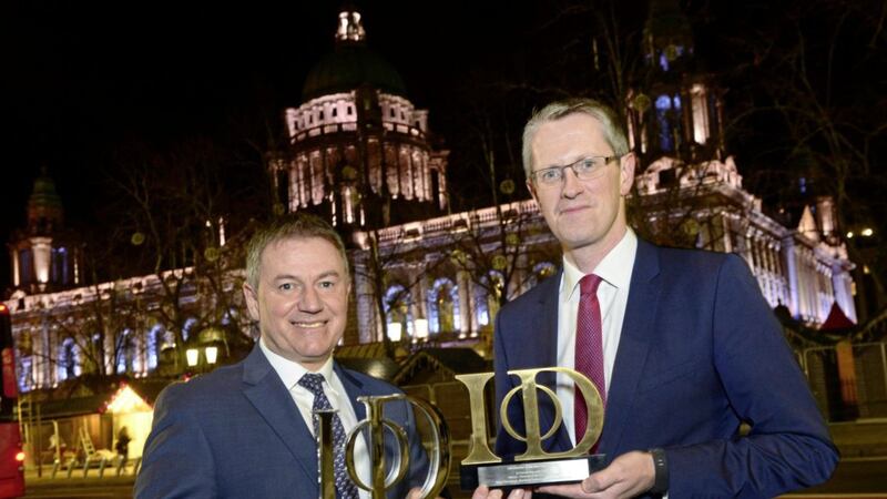 Launching the Director of the Year Awards are IoD NI chairman Gordon Milligan (left) and Adrian Moynihan, head of awards sponsor First Trust Bank 