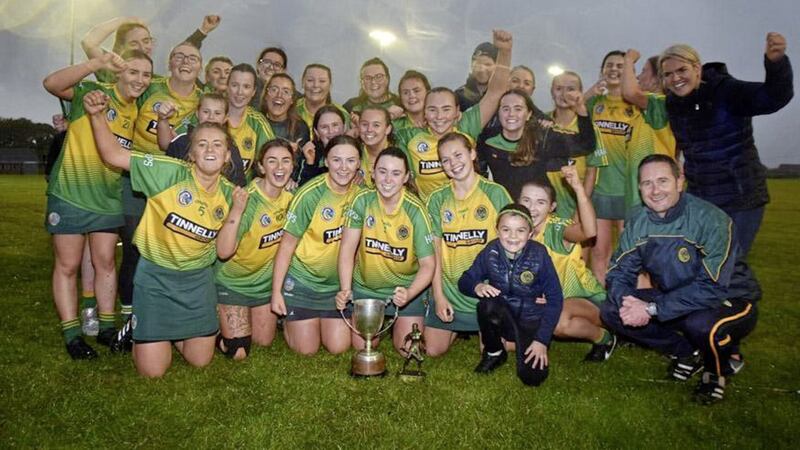 The Ballyholland camogs celebrate their county success last October Picture courtesy of Brendan Monaghan 