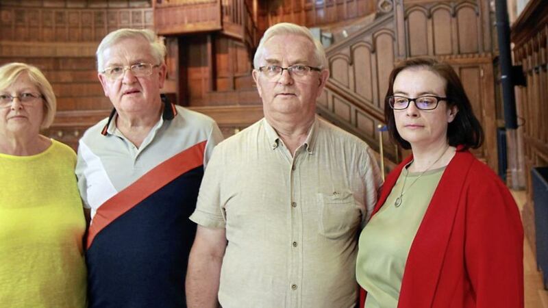 Elizabeth and Martin Gallagher who lost their son Martin and Bobby Bradley and his daughter Aileen Tester, father and sister of Robert Bradley, were present for yesterday&#39;s vote of no confidence in deputy mayor of Derry, Derek Hussey. Picture by Margaret McLaughlin 