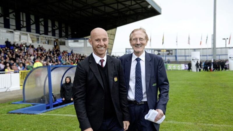 STATSports SuperCupNI graduate and 1991 Manchester United winner Nicky Butt at last year's opening parade in Coleraine with tournament chairman Victor Leonard.<br />Pic: Stephen Hamilton/Presseye