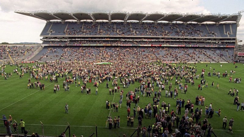 Offaly supporters protest on the Croke Park pitch after the full-time whistle was blown early during the All-Ireland SHC semi-final against Clare in 1998. The Faithful county were three points down when referee Jimmy Cooney called time a couple of minutes early, but the protests led to the match being replayed and Offaly went on to win the Liam MacCarthy Cup. Photo by David Maher/Sportsfile