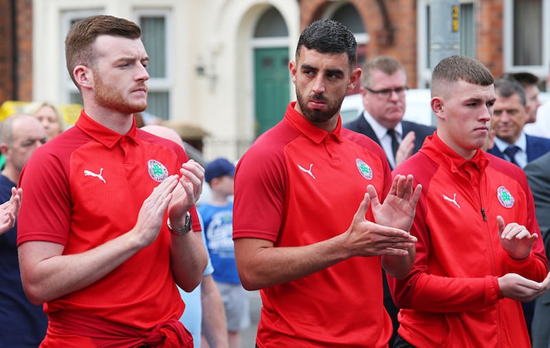 Cliftonville&rsquo;s Joe Gormley (centre) at the funeral of Tommy Breslin. Picture by Mal McCann&nbsp;