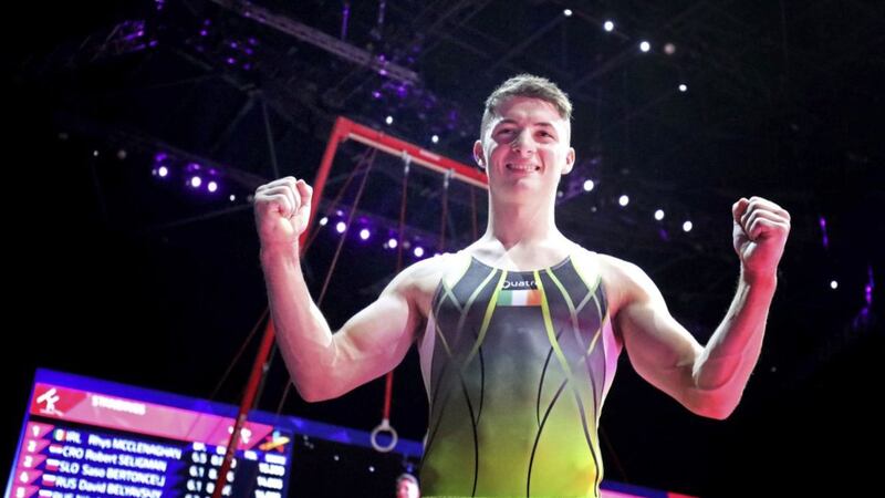 Ireland&#39;s Rhys McClenaghan celebrates winning gold on the pommel horse in the Men&#39;s Apparatus final during day 11 of the European Championships at the SSE Hydro, Glasgow Picture by PA 