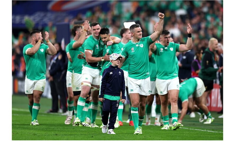 The Irish team celebrate after their Rugby World Cup victory against South Africa in Paris on Saturday. Picture: PA