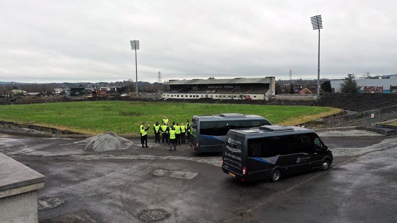 PACEMAKER BELFAST  28/02/2024
A delegation from the organisers of the Euro 2028 football tournament on site this afternoon for an early inspection of the venue.
The venue in west Belfast is earmarked to host games at the tournament in four years.
But the stadium has yet to be redeveloped.
The deadline to complete the construction is mid-2027.
At this stage, there is not sufficient funding to pay for the redevelopment, which could cost more than £200m.