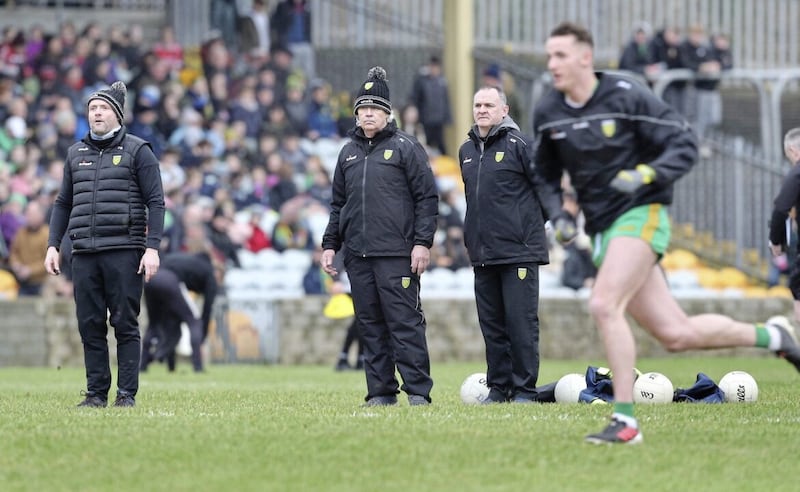 Donegal manager Paddy Carr together with Paddy Bradley selector and Aidan O&#39;Rourke (head coach) before Carr stepped away before the NFL concluded Picture: Margaret McLaughlin. 