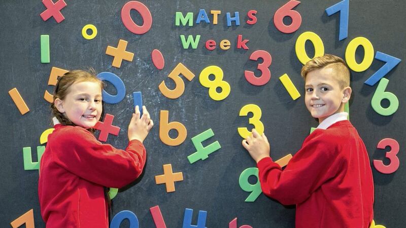 Launching Maths Week 2017 is Jessica Kelly (10) and Adam Bonnar (11) from Carnmoney PS 