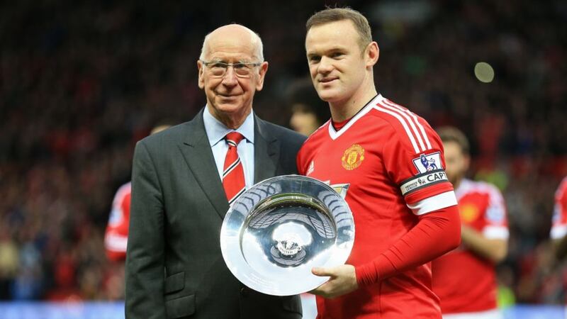 Wayne Rooney pictured with Manchester United legend Bobby Charlton&nbsp;