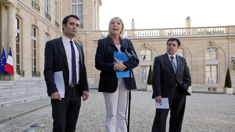 French far-right Front National party president Marine Le Pen, centre, with vice-presidents Jean-Francois Jalkh, right, and Florian Philippot. Picture by Jacques Brinon, File, Associated Press 