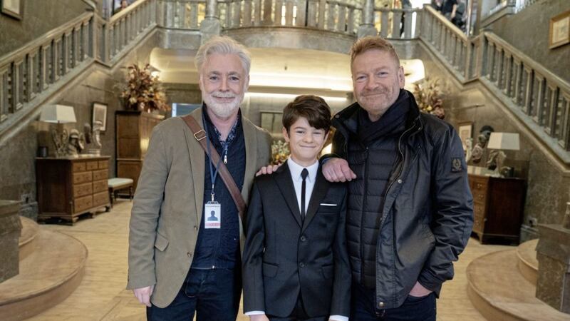 Author Eoin Colfer, actor Ferdia Shaw and director Sir Kenneth Branagh on the set of Artemis Fowl