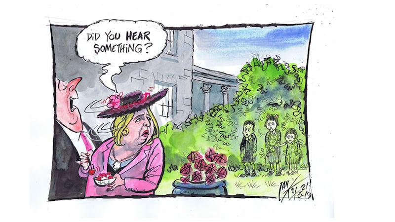 Ian Knox cartoon 21/5/19: The Secretary of State, who&rsquo;s emergency powers were used to speed RHI business through parliament, claims she is the prisoner of process in delaying payment to the victims of institutional abuse<br />&nbsp;