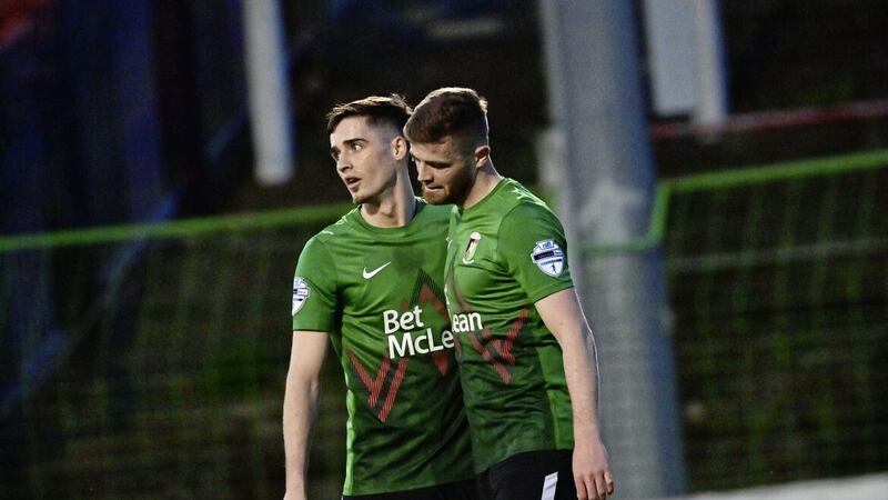 The Donnelly brothers, Jay and Ruaidhri, were among the goals as Glentoran eased past Glenavon at The Oval. Picture by Pacemaker 