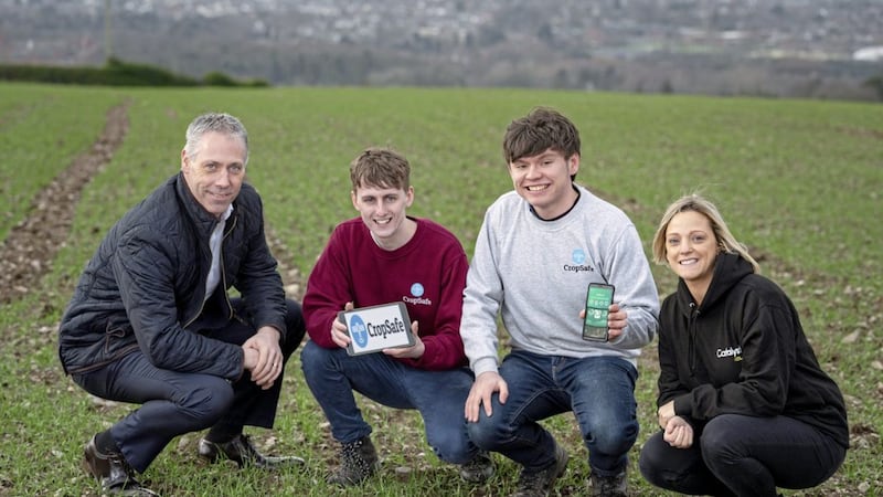 Gavin Kennedy, head of business banking (Northern Ireland) at Bank of Ireland UK with Invent 2019 agri-science category winners Miche&aacute;l McLaughlin and John McElhone from CropSafe and Catalyst programme manager Kerry McGarvey 