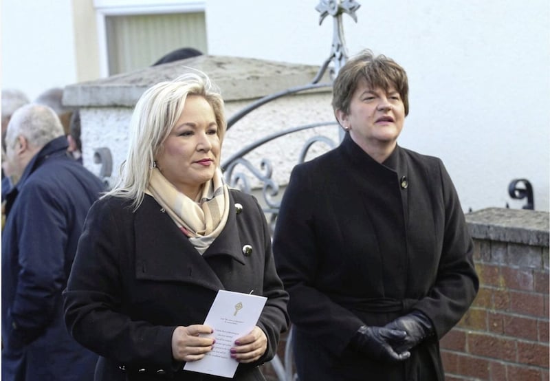 First and Deputy First Ministers Arlene Foster and Michelle O&#39;Neil arrived together for Requiem Mass for Seamus Mallon at the Church of St James of Jerusalem, Mullaghbrack. Picture by Hugh Russell 