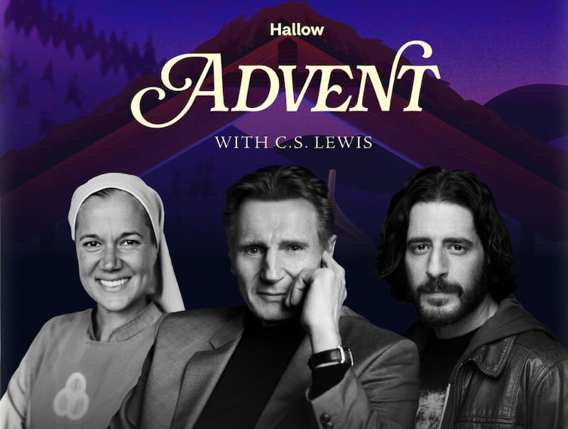 Liam Neeson with fellow Hallow app contributors Sister Miriam and actor James Heidland 