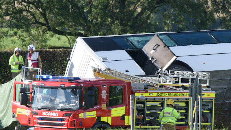 The scene of an accident near Bowhouse Prison in Ayrshire, as tributes have been paid to a 39-year-old man who died following a Rangers supporters' bus crash which left 18 other people in hospital. Picture by John Linton, Press Association