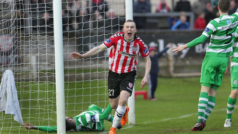 Derry City's Ronan Curtis wheels away after scoring against Shamrock Rovers at the Brandywell on Friday night <br />Picture by Margaret McLaughlin&nbsp;