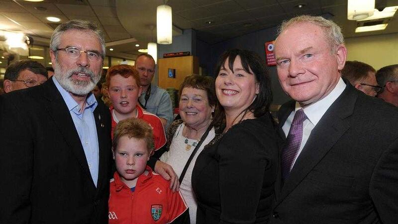 Michelle Gildernew with her family, Sinn F&eacute;in leader Gerry Adams and Martin McGuinness after her defeat in last year&#39;s Westminster election. Picture by Declan Roughan 