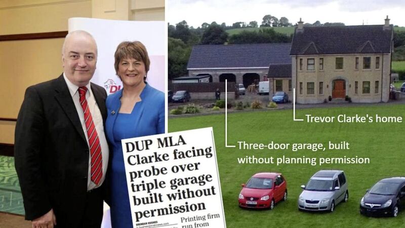 DUP MLA Trevor Clarke with party leader Arlene Foster, right, Mr Clarke&#39;s home outside Randalstown, and inset, how The Irish News revealed the planning probe 