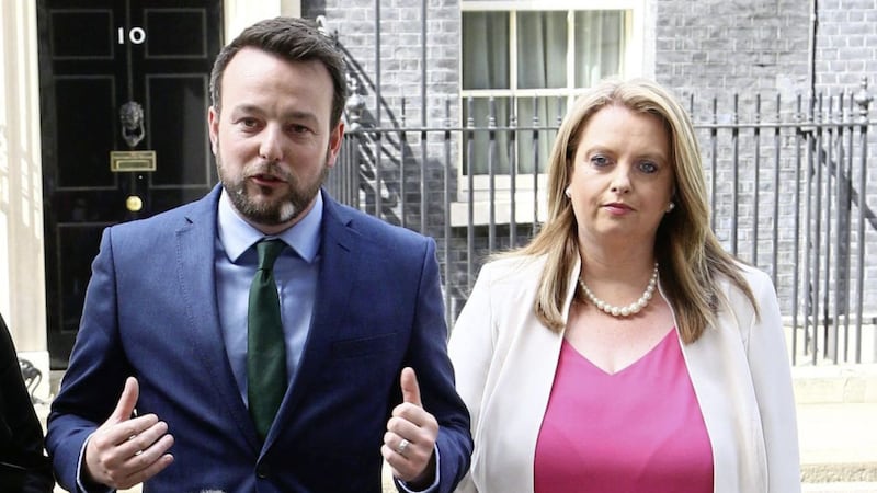 Sin&eacute;ad Bradley outside Downing Street with SDLP leader Colum Eastwood in 2017. Picture by Gareth Fuller/PA Wire 