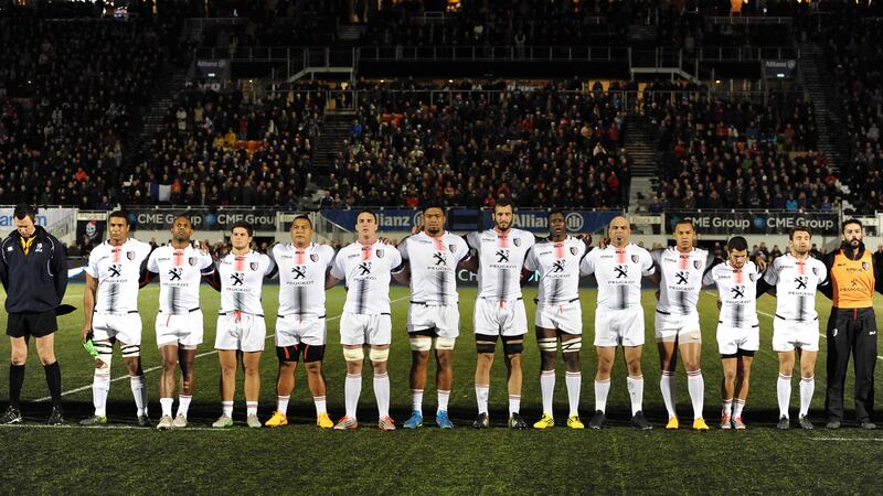 Toulouse players take part in a minutes silence in honour of the&nbsp;Paris&nbsp;Attacks before the European Champions Cup, pool one match at Allianz Park, London.&nbsp;