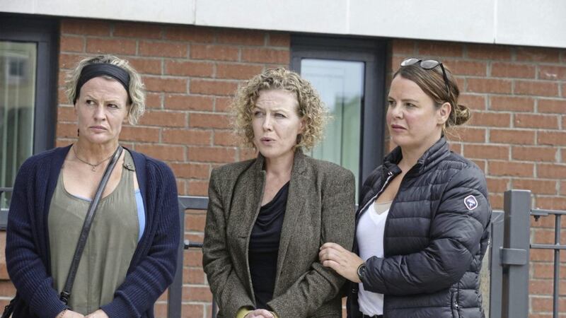 Fiona Donohoe (centre), mother of missing Belfast schoolboy Noah, at yesterday&#39;s PSNI press conference. She is pictured with her sisters Shona (left) and Niamh. Picture by Hugh Russell 