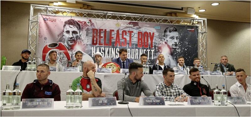 In the public eye. Taking his place on the dais for the Ryan Burnett-Lee Haskins press conference was a massive moment for Pody McCrory. Picture: Hugh Russell 