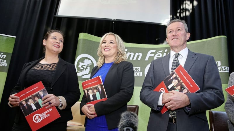 Sinn F&eacute;in&#39;s Mary Lou McDonald, Michelle O&#39;Neill and Conor Murphy at the party&#39;s manifesto launch in Armagh. Picture by Mal McCann 