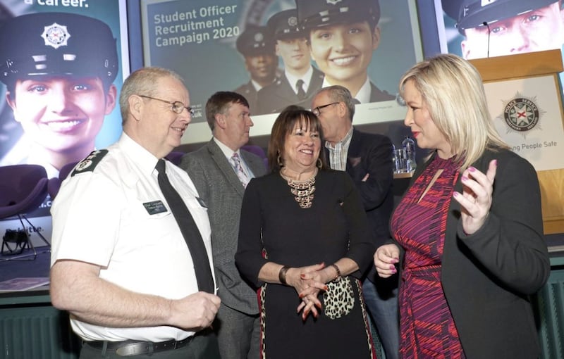 Deputy First Minister Michelle O&#39;Neill with Chief Constable Simon Byrne and Anne Connolly, former Chairperson of the NI Policing Board, at the launch of a new student officer recruitment drive. 