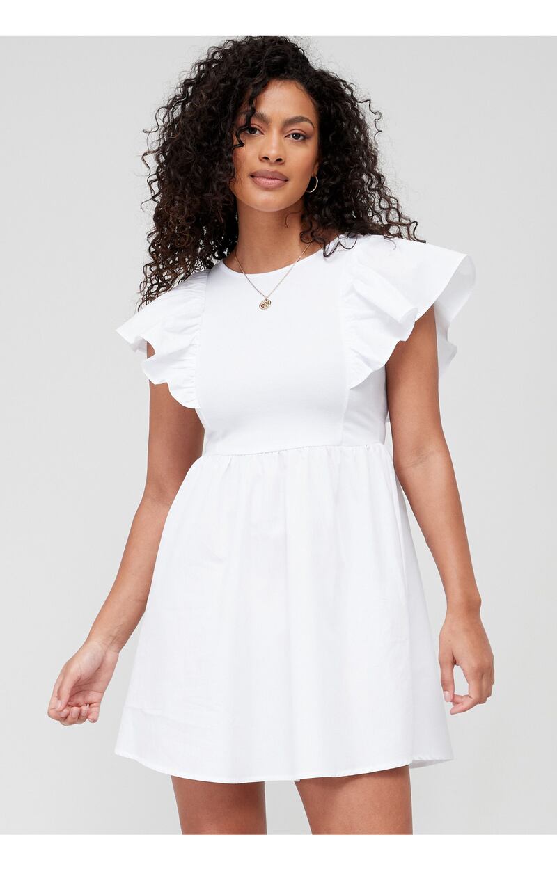 V by Very Frill Detail Woven Mix Mini Dress - White, Very