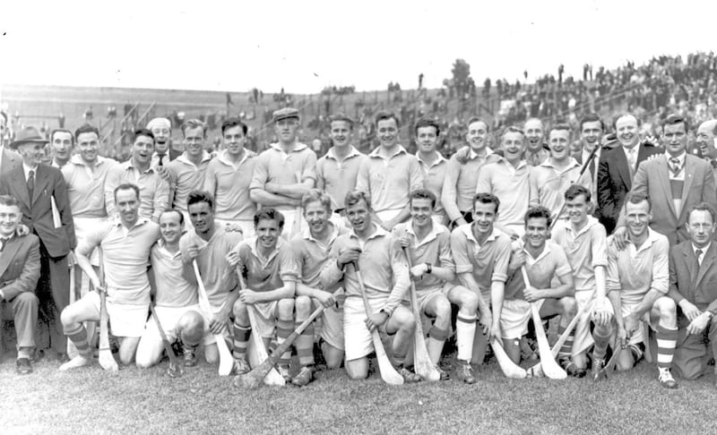 The Antrim hurling team which won the 1959 All Ireland Junior Home Championship, with Pat Mullaney the fourth player from the left in the back row 