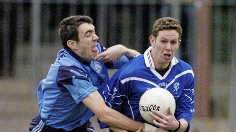 Allenwood and Kildare&#39;s Johnny Doyle (left), pictured tackling Jamie Jordan of Skryne in the 2004 Leinster Club Senior Football Championsip. Doyle&#39;s greatest day though came when Allenwood defeated St Laurence&#39;s in the county final the previous month, the club&#39;s first-ever county triumph 