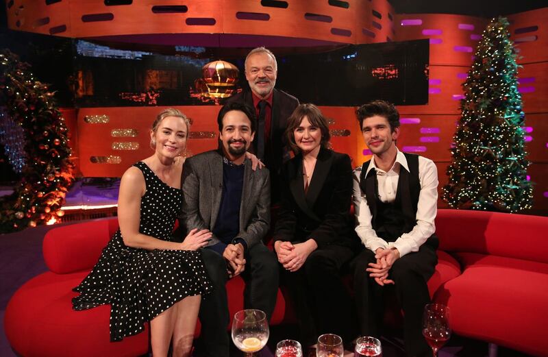 Host Graham Norton with (seated left to right) Emily Blunt, Lin-Manuel Miranda, Emily Mortimer and Ben Whishaw