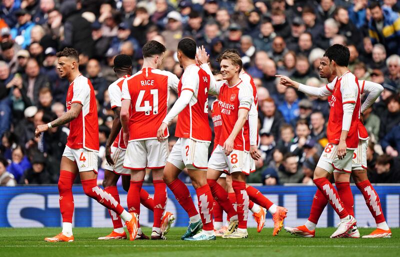 Arsenal players celebrate their third goal, scored by Kai Havertz (not pictured)