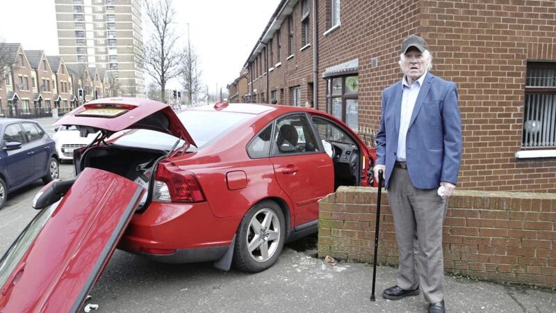 Ricky McConnell (78) outside his North Queen Street home after a car crashed into it. Picture by Hugh Russell. 