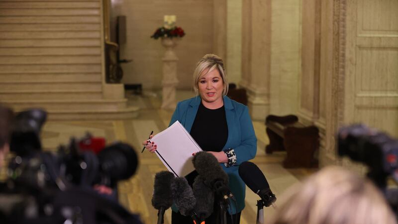 Deputy First Minster Michelle O'Neill speaking during a press conference in the Great Hall at Parliament Buildings of the Stormont Estate to announce new six week restrictions after the Christmas period. Picture: Liam McBurney/PA Wire&nbsp;
