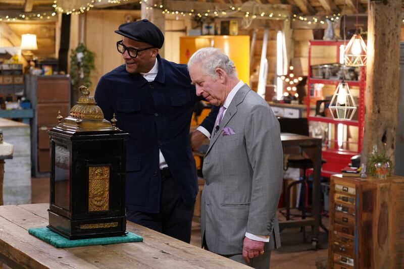 The King, then the Prince of Wales, with Jay Blades during a special episode of The Repair Shop as part of the BBC’s centenary celebrations