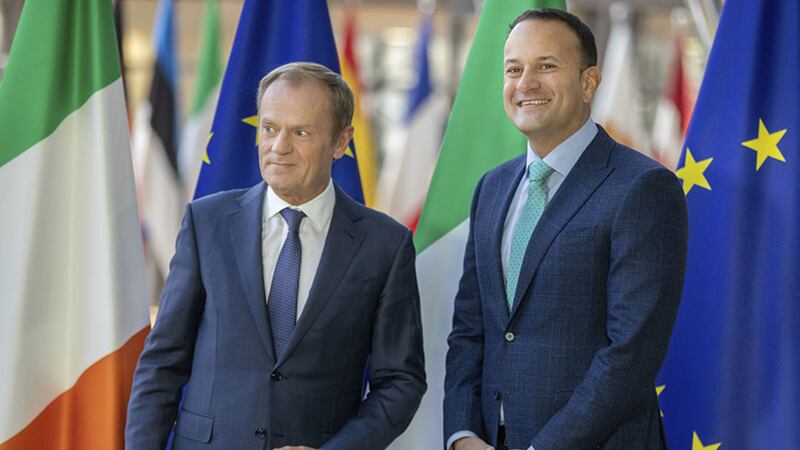 European Council President Donald Tusk, left, and Taoiseach Leo Varadkar arrive before their meeting at the European Council headquarters in Brussels&nbsp;