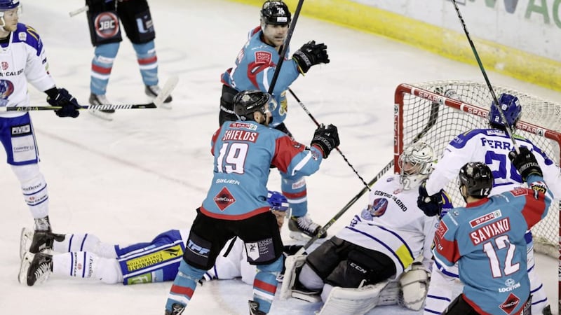 Belfast Giants&#39; Colin Shields celebrates scoring against Coventry Blaze during the Elite Ice Hockey League game at the SSE Arena, Belfast on January 20 2018. Picture by Press Eye/Darren Kidd 