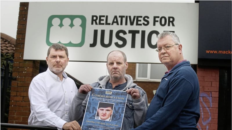 Eugene Thompson, whose brother Paul Thompson was shot dead by the UDA 25 years ago, pictured with Mark Thompson and Mike Richie from Relatives for Justice. Picture by Hugh Russell 