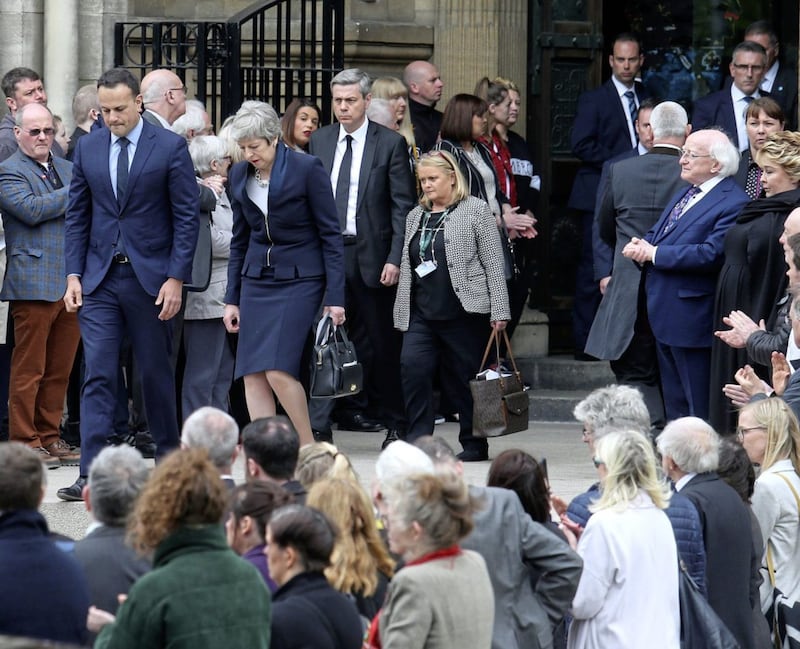 Leo Varadkar, Theresa May and Michael D Higgins at the funeral of Lyra McKee who was murdered in Derry. Picture by Mal McCann 