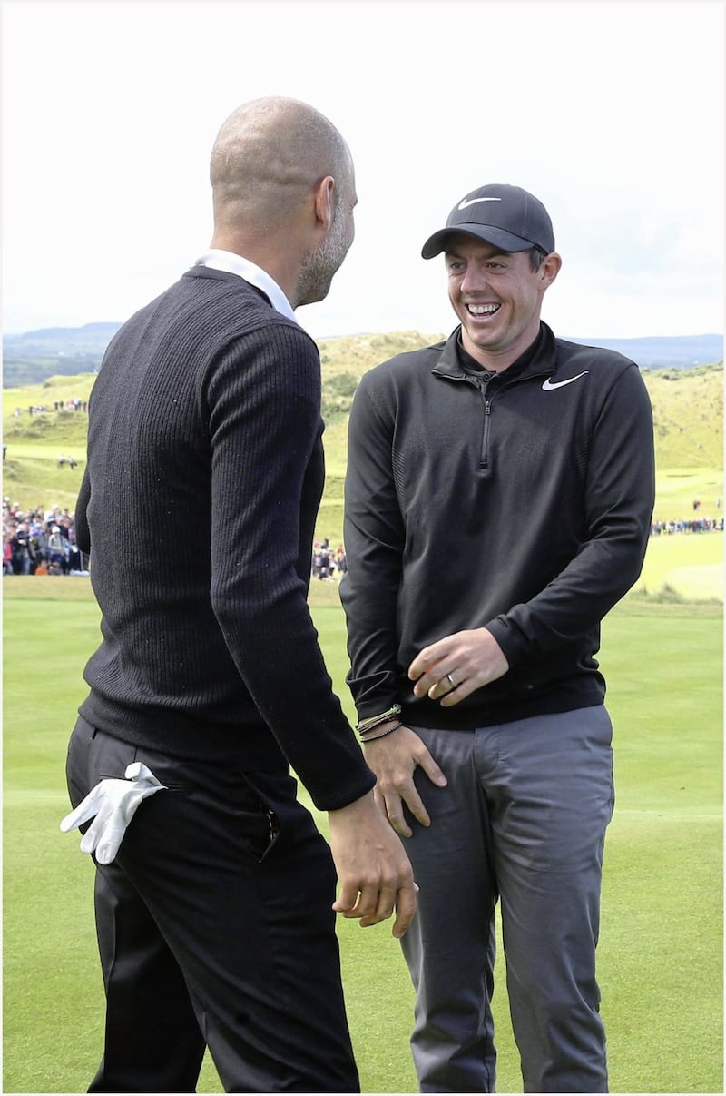 Manchester City boss Pep Guardiola and Rory McIlroy. Picture by Hugh Russell 